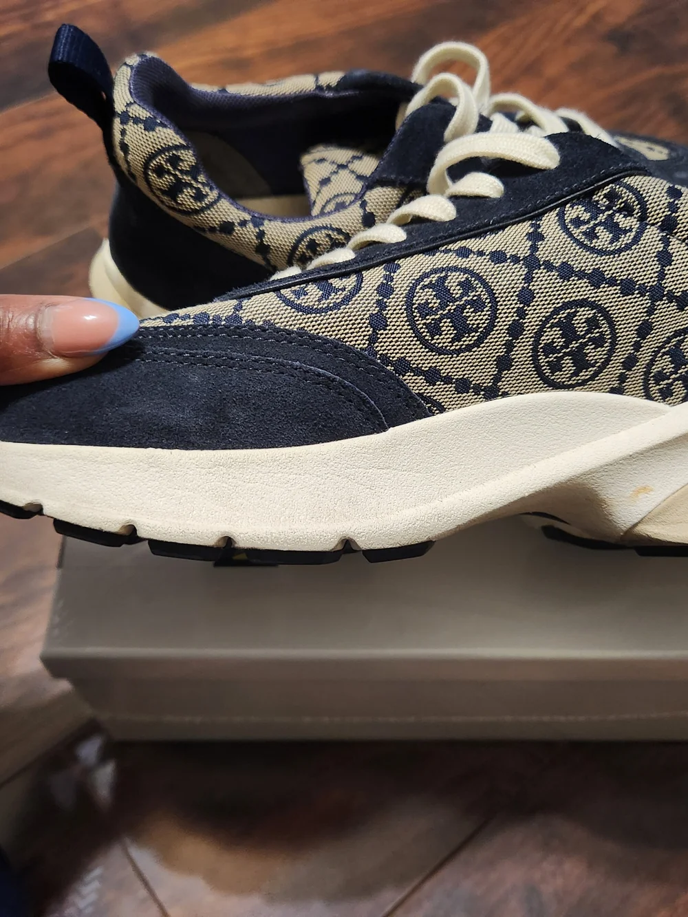 Tory Burch Monogram Platform Sneakers in Navy & Cream